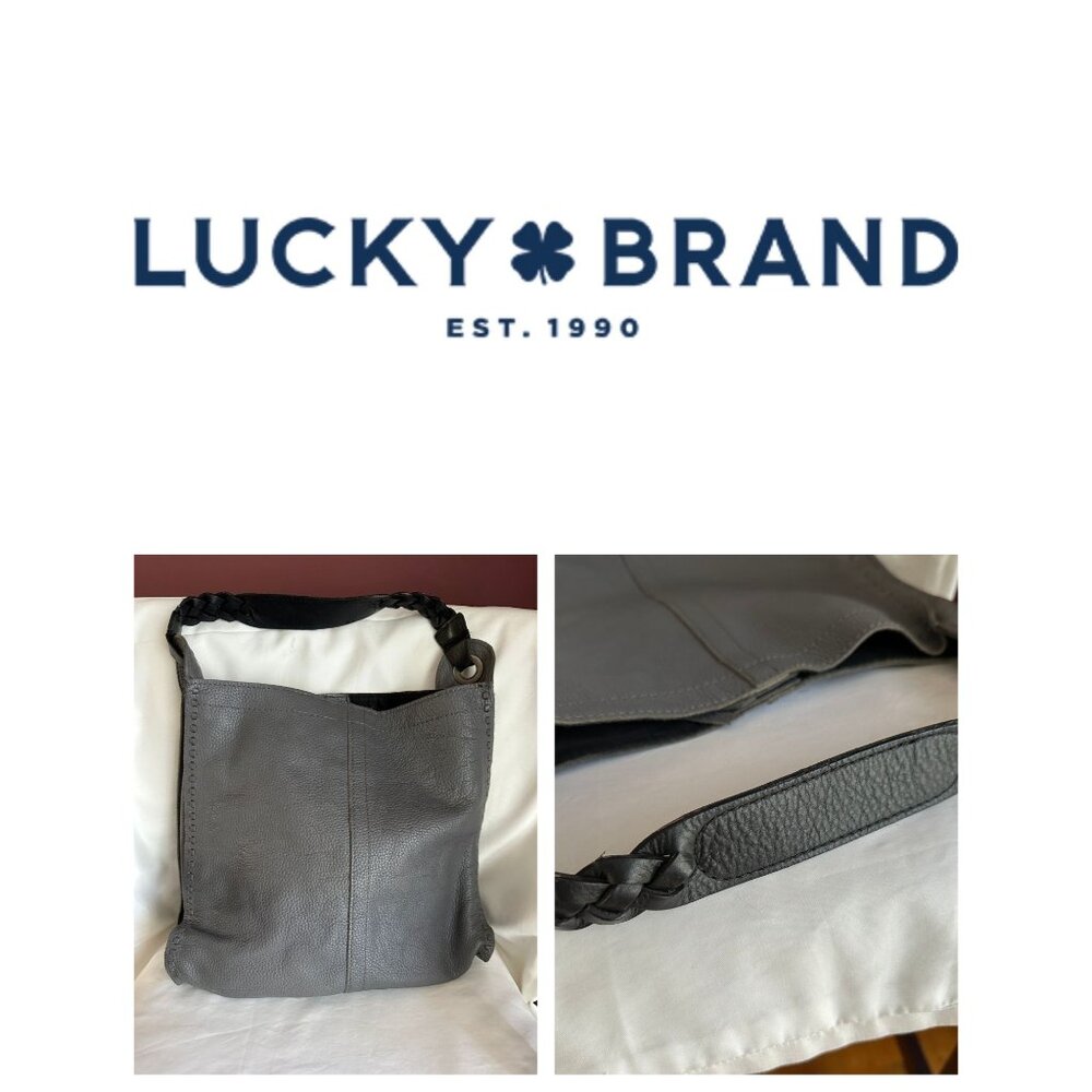 LUCKY BRAND Gray Pebbled Leather Black Braided Handles Stitching Shoulder Tote